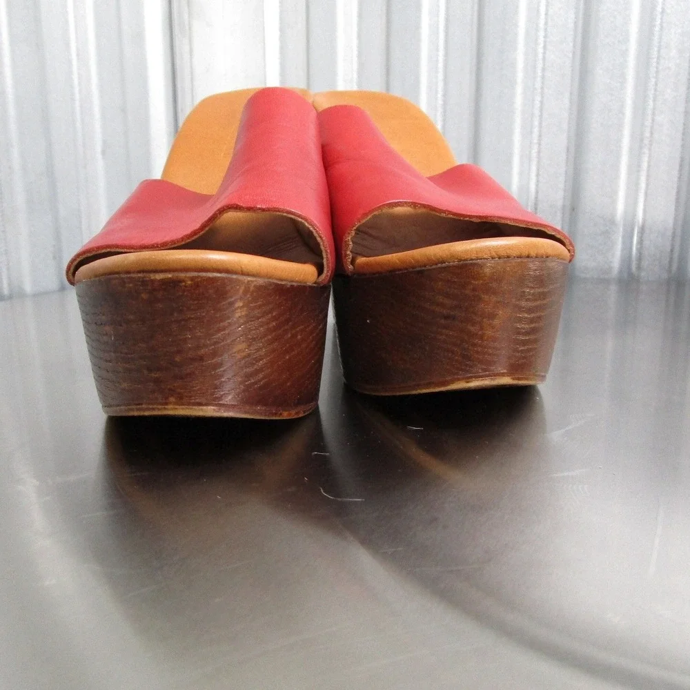 Diego Piacentini Red Leather Wood Platform Wedge Sandals Made in Italy Size 38